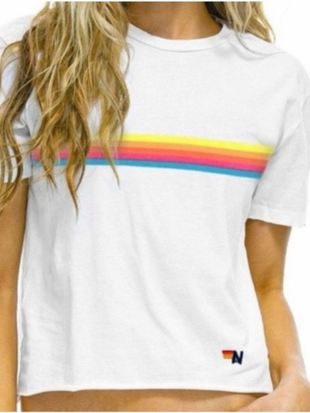 Aviator Nation White Tee with Yellow-Pink-Blue Chest Stripe